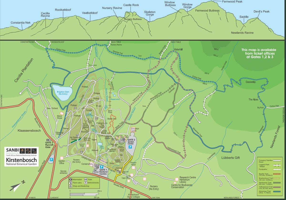 kirstenbosch ਬੋਟੈਨੀਕਲ ਬਾਗ ਦਾ ਨਕਸ਼ਾ